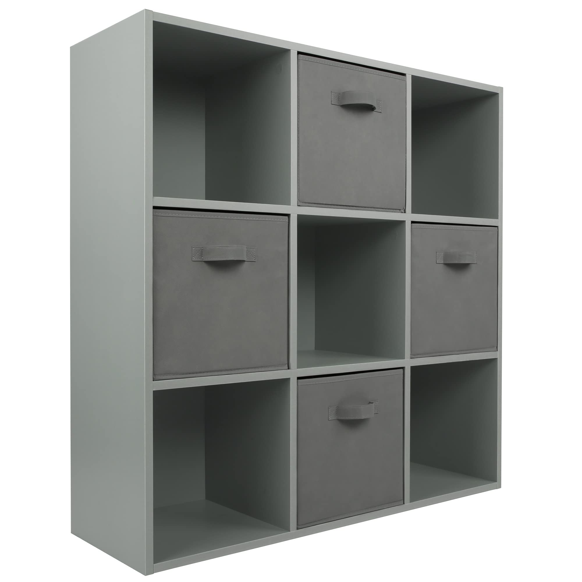 Charles Jacobs Grey 9 Cube Storage Shelving Unit + 4 Grey Fabric Drawers