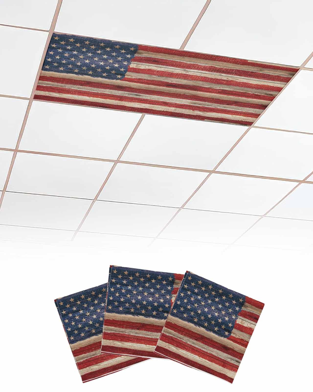 4th of July 3 Pcs Fluorescent Light Covers for Ceiling Lights, Independence Day Retro Wood Grain Magnetic Light Filters for Eliminate Harsh Glare Classroom Office Decoration, 4 x 2 Ft