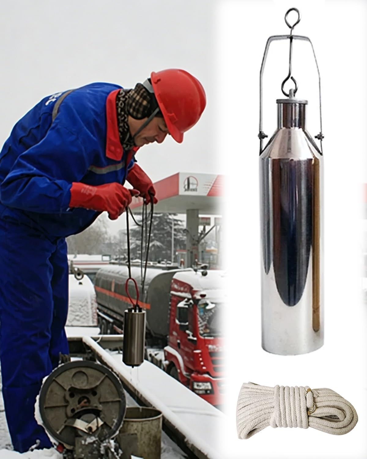 Elitix Oil Sampler Collection Container with 20m Rope, Refinery Sampling Bottles Kit for Petrochemical, Fuel Extraction Container Bottles(1000ml,Steel)