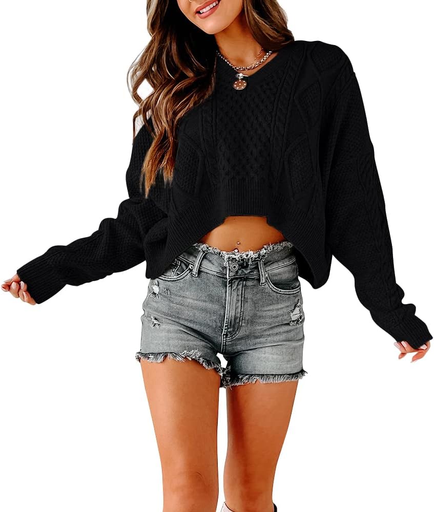 Tankaneo Women's V Neck Cropped Sweater Long Sleeve Crop Top Cable Knit Oversized Pullover Sweater - Image 4