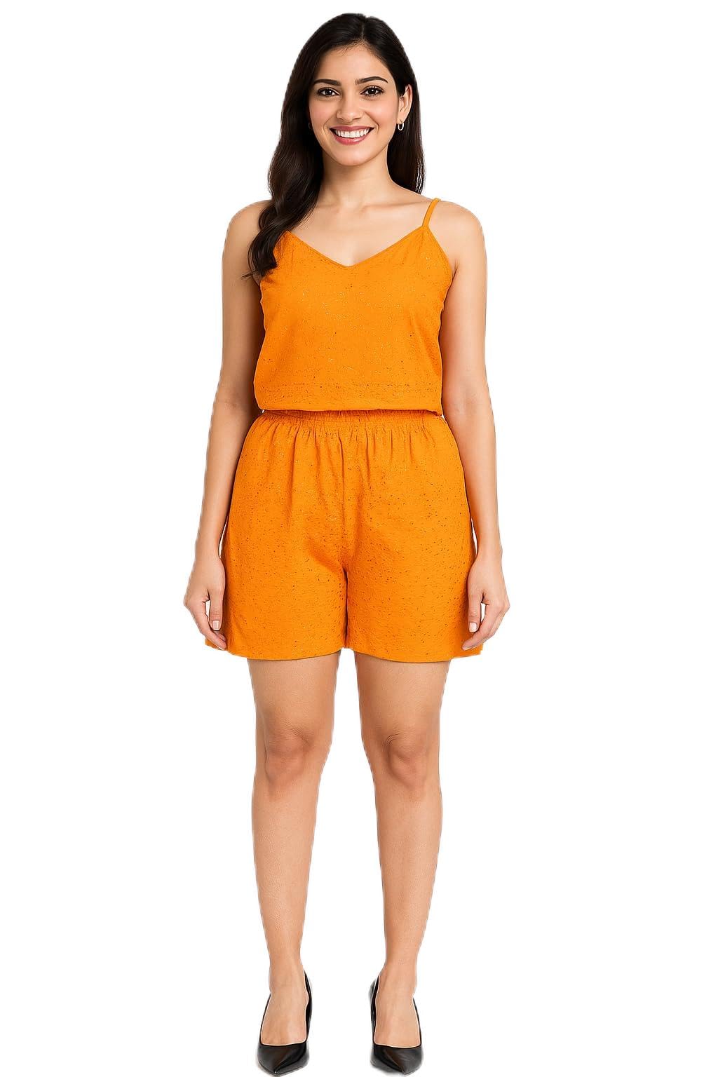 Women's Sleeveless Summer Romper, Orange, V-Neck, Elastic Waist-image-1