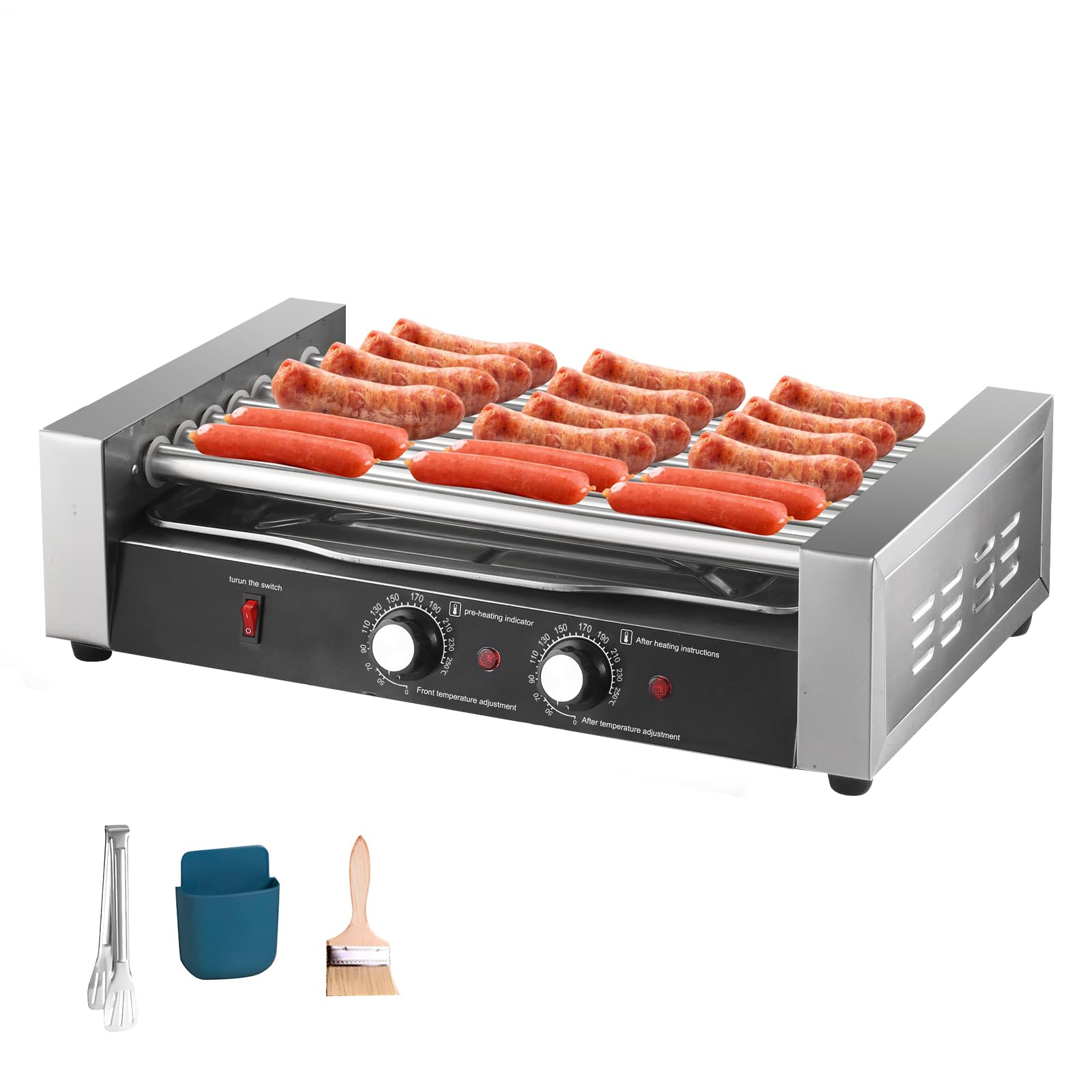 Hot Dog Roller Machine | 7 Rollers Automatic Grill Cooker Machine,1200W 110V, Double Temp Control Hot Dog Grill Machine with Removable Oil Drip Tray