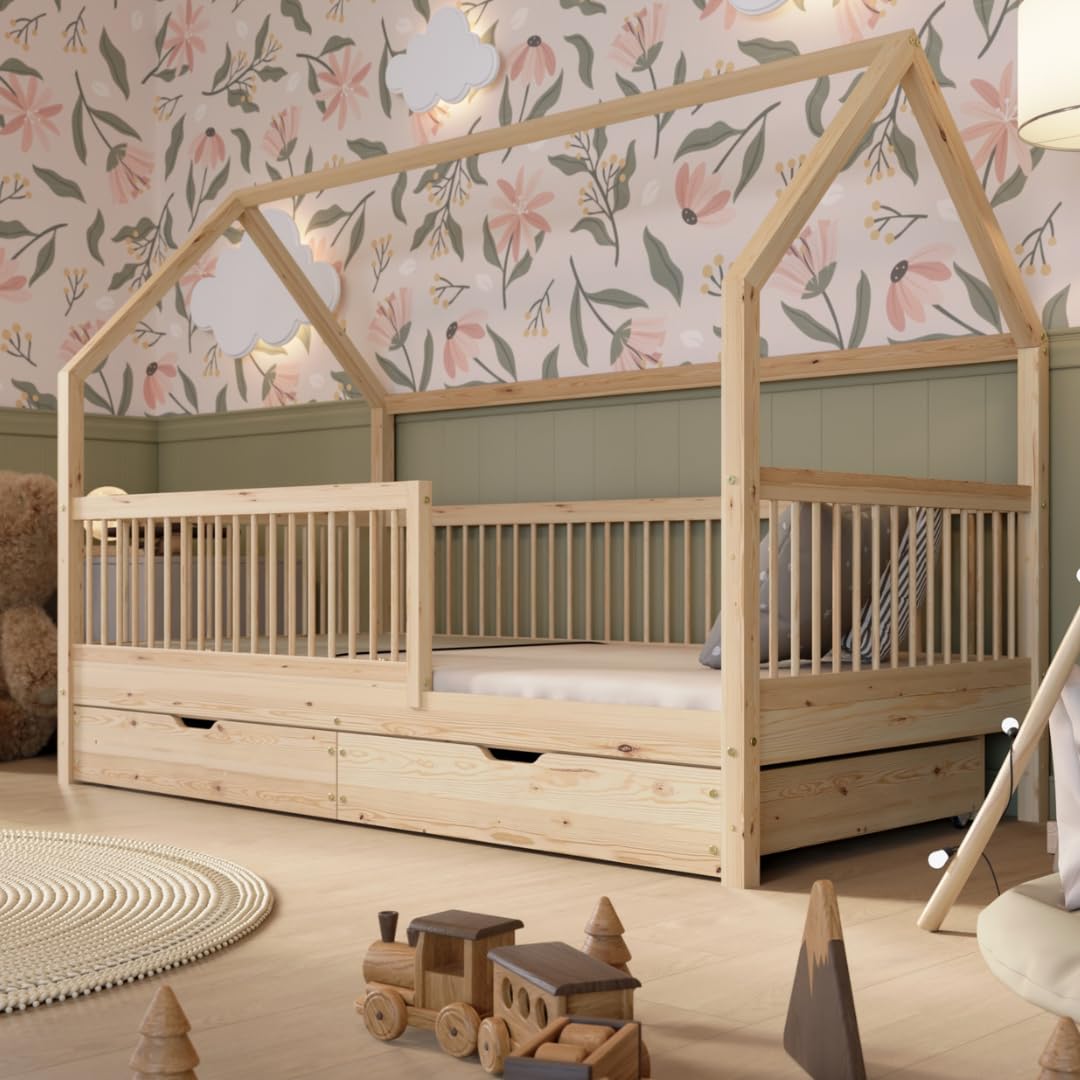 Hausbett – Montessori Kinderbett aus Massivholz mit Rausfallschutz – Sicheres Kinderbett aus Naturholz - Leichter Aufbau - Crazy Folly (Naturholz mit Schubladen, 160 x 80 cm)