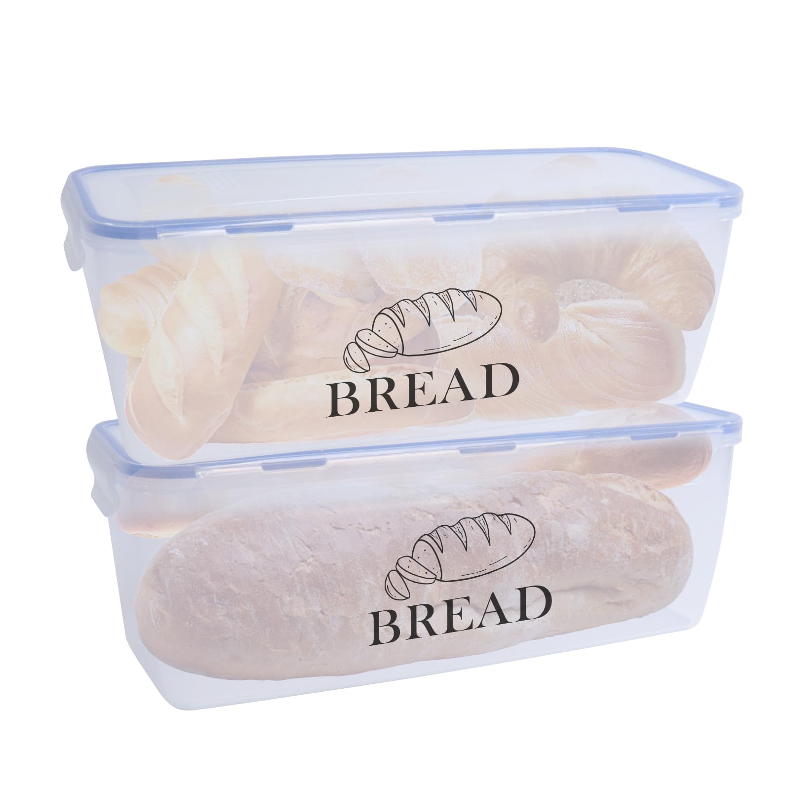 Gzsekken Bread Bin, 2-piece Bread Bins for Kitchen Airtight Bread Box and Clear Plastic Bread Storage Containers with Lid for Homemade Bread, Toast, Bagel, Donut and Cookies, Rectangular