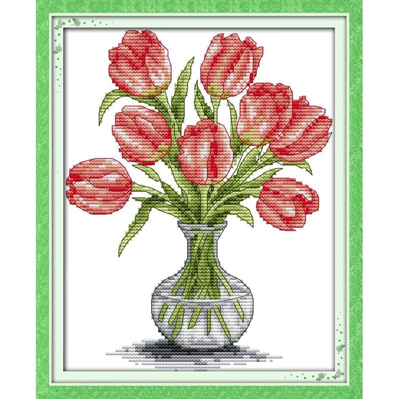Stitchmelody 14CT Counted Cross Stitch Kits,DMC Unprinted Pattern Embroidery Set Needlework (14CT Counted/Unprinted kit,Tulip vase)