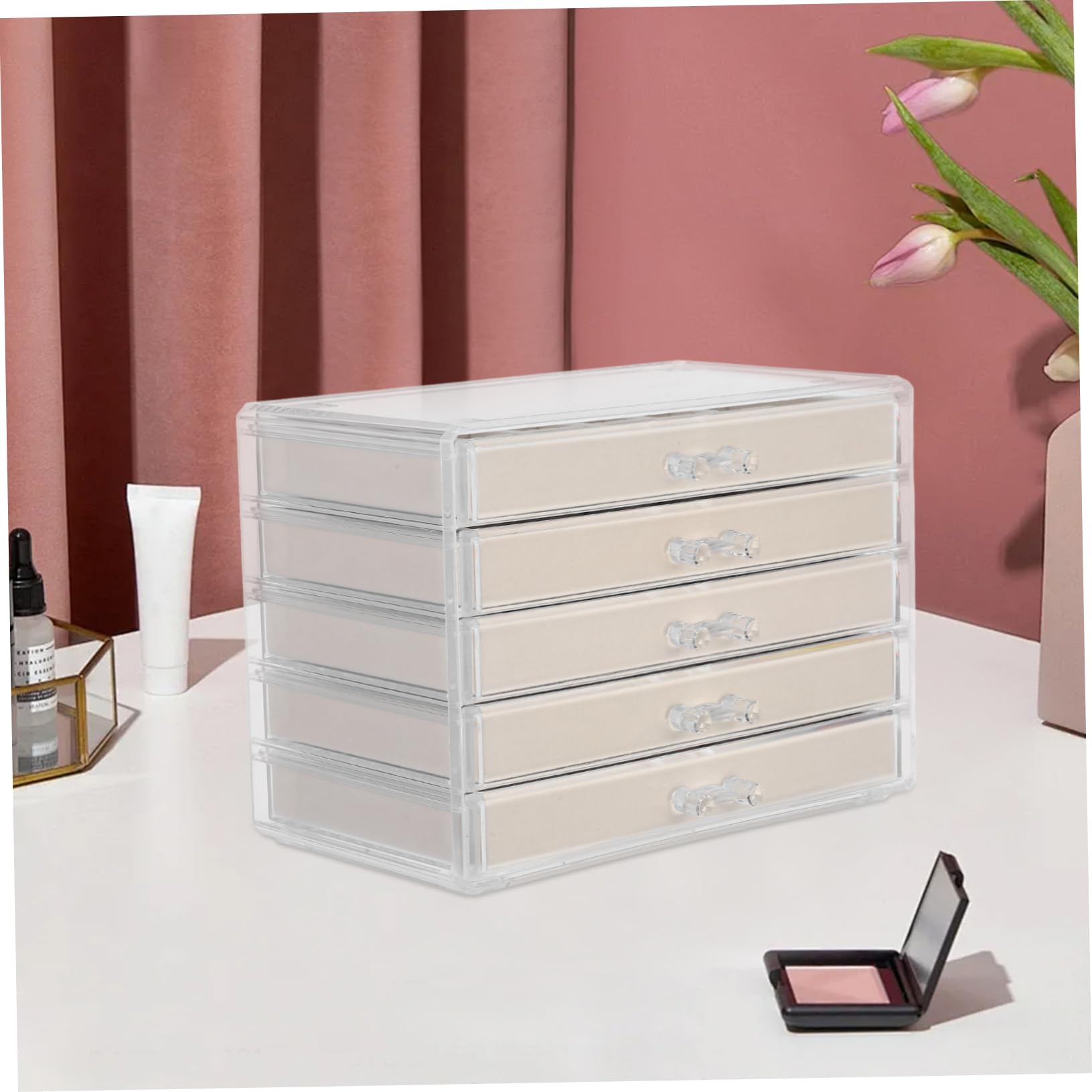 Portagioie in Acrilico con 5 Cassetti, Beige, Organizer | Struttura Multilivello, Grande Capacità, Design Raffinato e Minimale, Uso Multifunzione per Contenere Oggetti