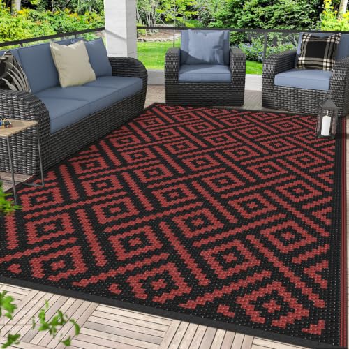 Image of GENIMO Outdoor Rug, Waterproof Plastic Rugs for Patio, 6'x9' Red Grey | Outside Larger Modern Carpet Mat for Porch Decor, Deck, Balcony, Camping, RV, Backyard, Picnic, Beach, Reversible, Foldable