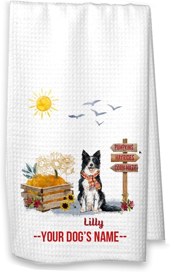Studio 9Thirty3 Personalized Border Collie Fall Kitchen Towel – Pumpkin Patch Microfiber Dog Dish Towel – Custom Name – Waffle Weave Dog Lover Gift – Printed in USA (Border Collie Personalized)