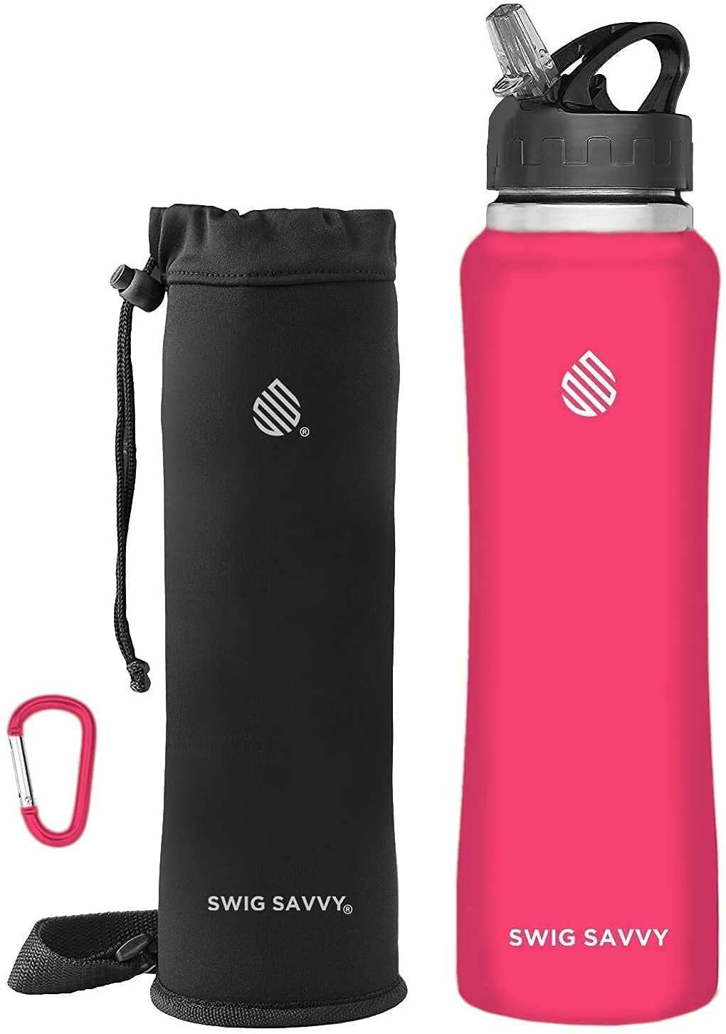 Swig Savvy Sports Water Bottle, Vacuum Insulated Stainless Steel, Straw Leakproof Lid, Storage Sleeve - 24oz (Pink)