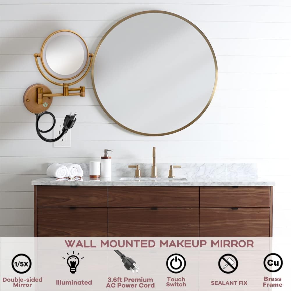 8" Brass Wall Mount Makeup Mirror with Lights, 1X/5X Double Sided Personal Mirrors for Bathroom with 360 Swivel Extendable, Antique Brass Indoor Arts Ware, Plug Powered