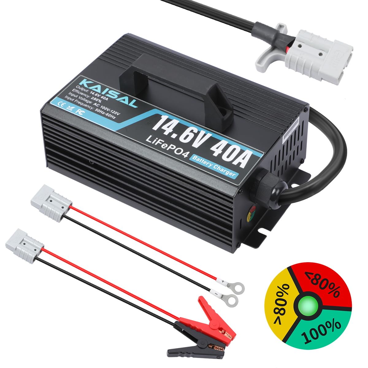 12V 40A Lithium Battery Charger 14.6V LiFePO4 Battery Charger for 12.8V LiFePO4 Lithium Deep Cycle Rechargeable Batteries 0V Wake Up 12 Volt Charger with 2 Connectors for RV, Boat, Car, Marine, Solar