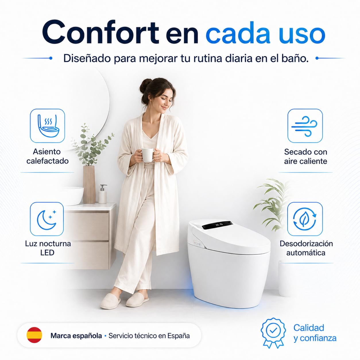 Inodoro Inteligente Completo | WC con Bidet y Secado | Diseño sin Cisterna | Lavado Trasero y Femenino | Apertura Cierre y Descarga Automática | Sensor Presencia | Asiento Calefactable | 100S