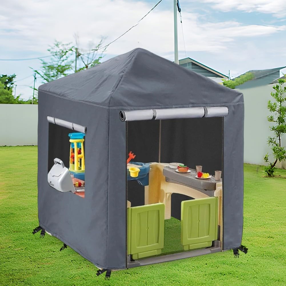 Copertura per casetta dei giochi per bambini, resistente alle intemperie, impermeabile, con cerniere e finestre di ventilazione, 142 x 137 x 152 cm (grigio)