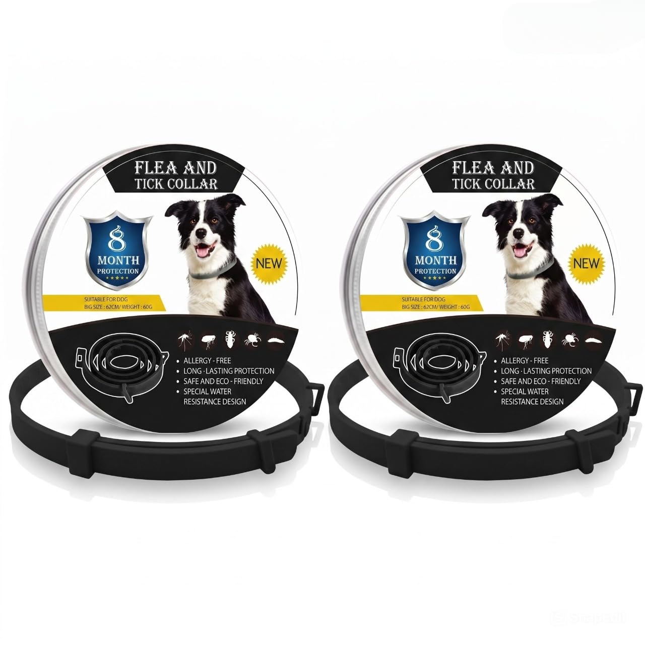 Collar Antiparasitario para Perros - Protección de Alta Eficacia contra Pulgas, Garrapatas y Mosquitos - Ajustable, Impermeable y de Larga Duración - Color Negro - Pack de 2