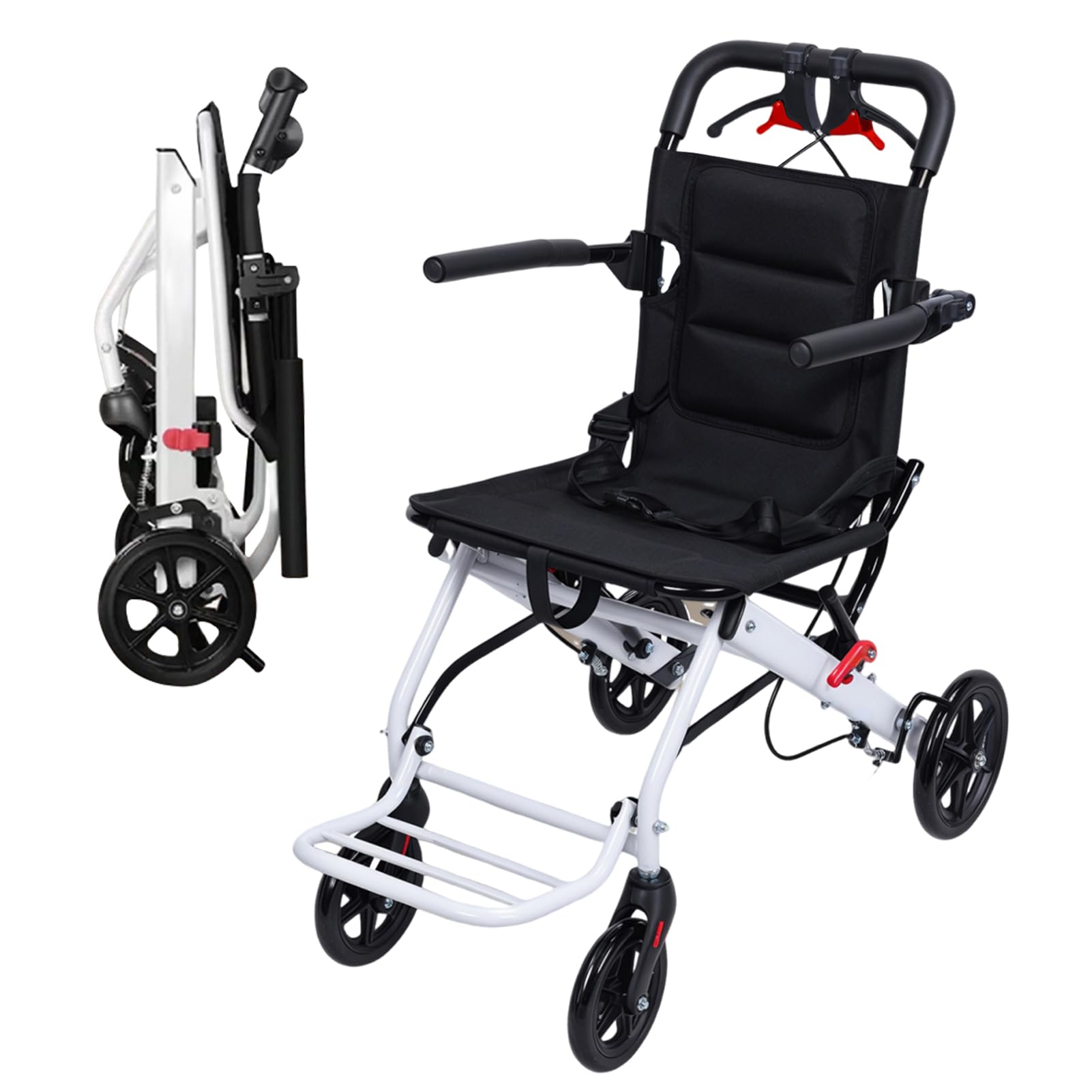Sedia a rotelle pieghevole, sedia da viaggio portatile per adulti, sedia a rotelle leggera da trasporto con cinghia di sicurezza regolabile, telaio in alluminio, ruote in PU, design