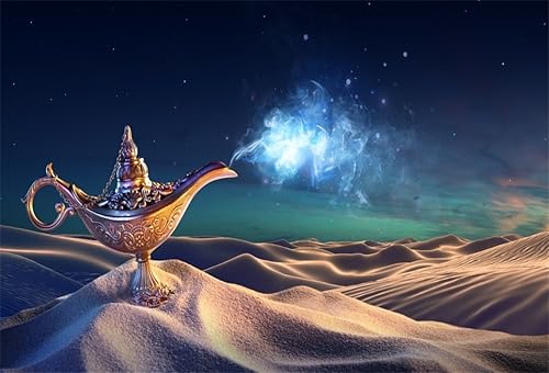 AOFOTO Lámpara de genio de Aladino en fondo del desierto, linterna mágica, humo, fotografía, fondo, fantasía, deseo, suerte, misteriosa, mitología,