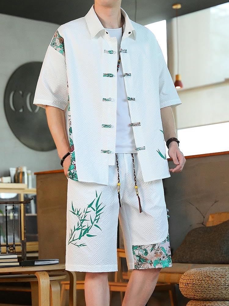 Men's Traditional Chinese Kung Fu Outfit–Short Sleeve Frog Button Shirt and Shorts Set, Elastic Waistband