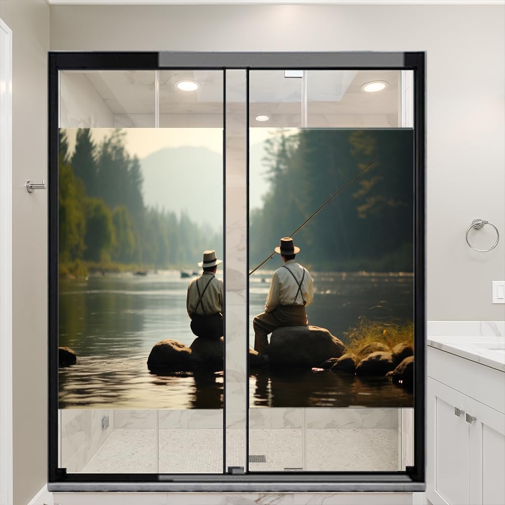 Modern Angler Privacy Window Film Rustic Forest Rivers Fishing Stained Glass Window Coverings Adhesive Sticker Frosted Window Film for Home Office Stores 27.6Wx39.4L-inch x2 Pcs