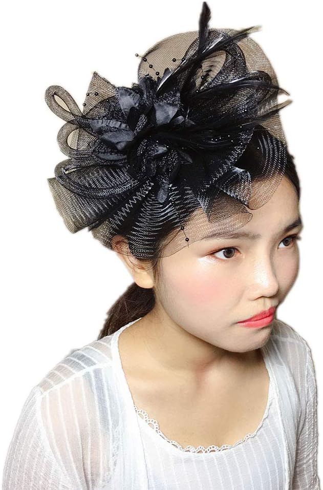 YSJOY Womens Feather Veil Mesh Flower Fascinator Bridal Wedding Hat