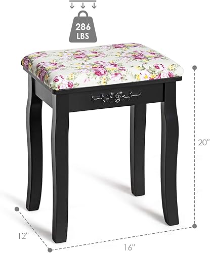 Miniatura 3 de Giantex Taburete de tocador de madera, silla acolchada, asiento de piano de maquillaje, banco de maquillaje con cojín rosa (negro)