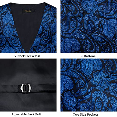 Image of DiBanGu Mens Paisley Vest Silk Sleeveless Suit Vest and Neck Tie Pocket Square Cufflinks Set for Wedding Formal