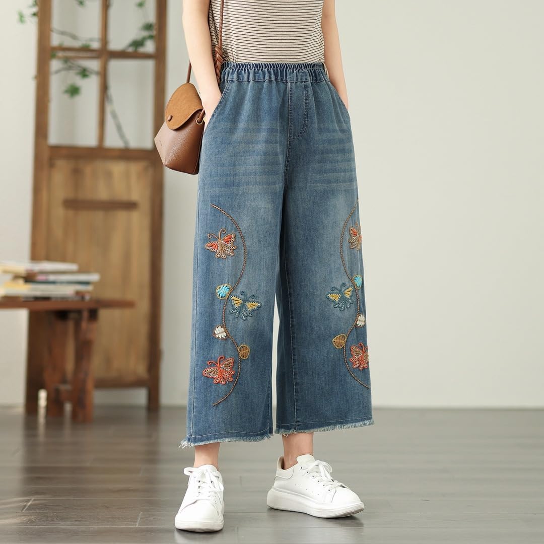 Women Embroidered High Waist Jeans Women Casual Ripped Cropped Pants - Image 5