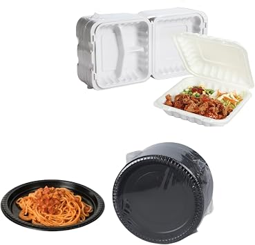 Take Out Food Containers 30oz 65-pack and Black Disposable Plates for Party 9 150-pack