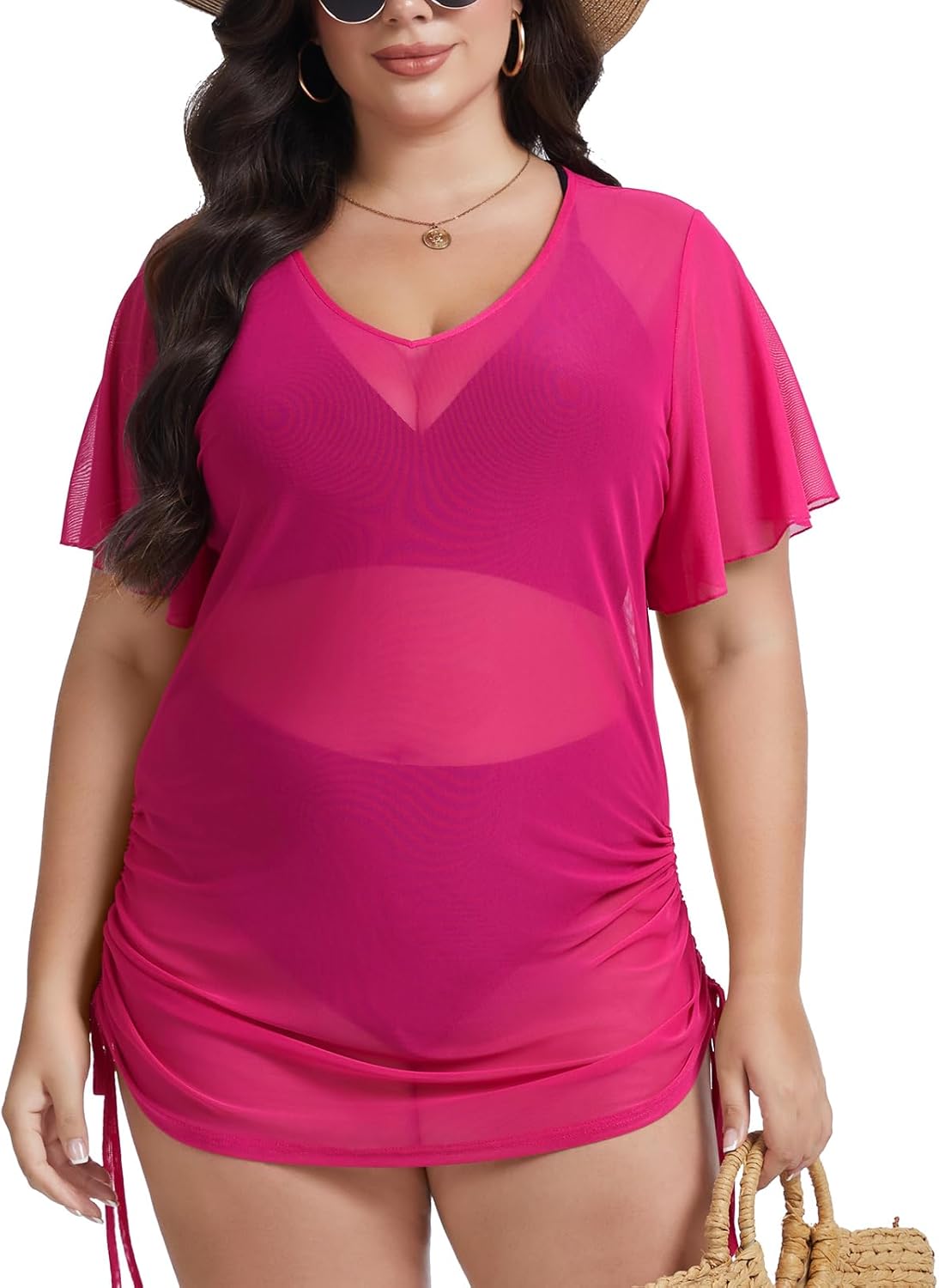 Plus Size Mesh Swim Cover Up for Women Short Sleeve Summer Swimwear Coverup Beach Vacation Bathing Suit Dress