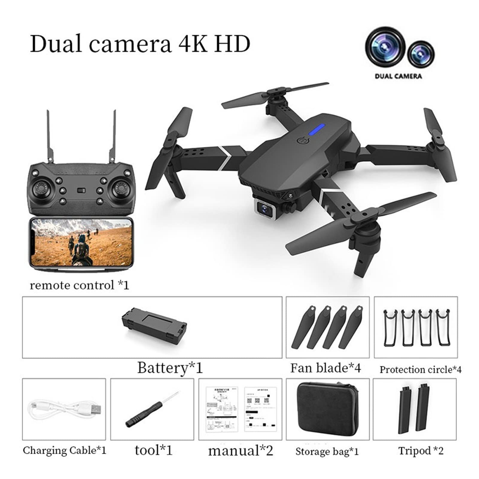 Drone Mini Drone 4K Professional HD Dual Camera 1080P WiFi FPV Fotografia lotnicza Helikopter Składany quadcopter Drone Toy (Kolor : 4K HD Rozmiar : 1) (Podwójny aparat 1)