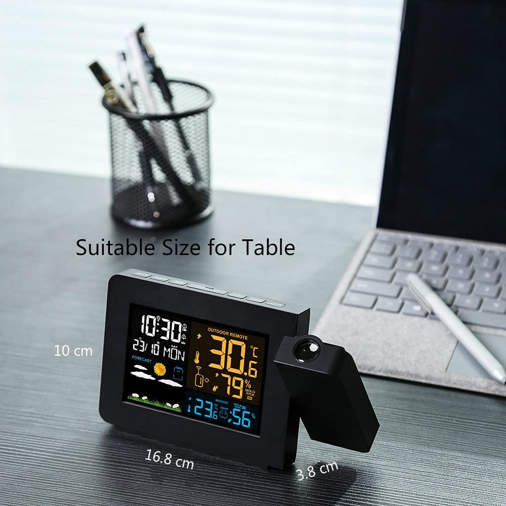 Stazioni Meteo Sveglia di proiezione con sensore Esterno, Stazione meteorologica Personale, previsioni del Tempo Dimmable Dual Alarms LCD. Visualizza la Data dell'umidità della Temperatura Ora