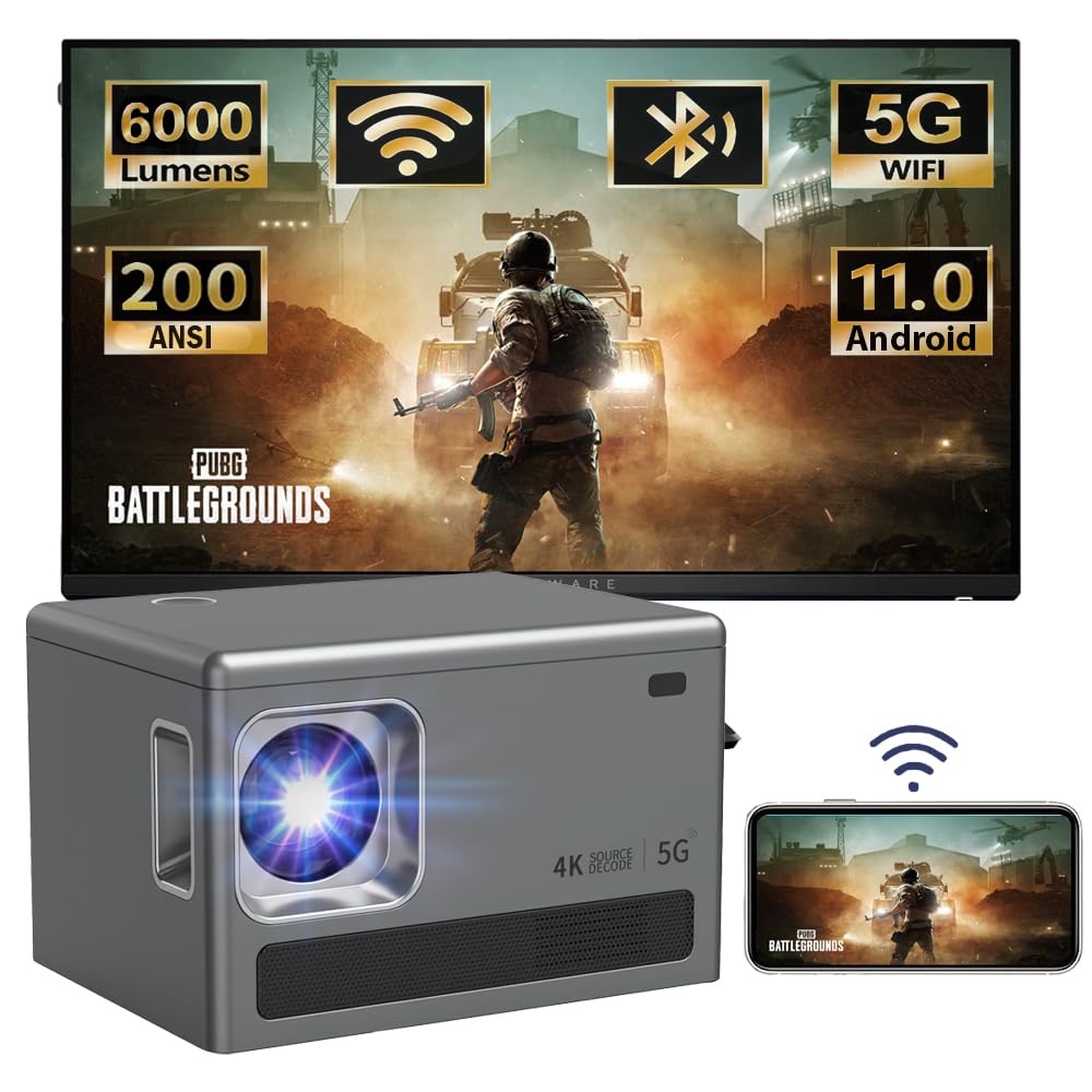 ARKZO 4K Mini Android Projector Portable Smart Home LED 1080p HD Short Throw Cinema Projecter with WiFi, Bluetooth Compatible HDMI, USB for Small Movie Film Room, Mobile Phone Bedroom TV