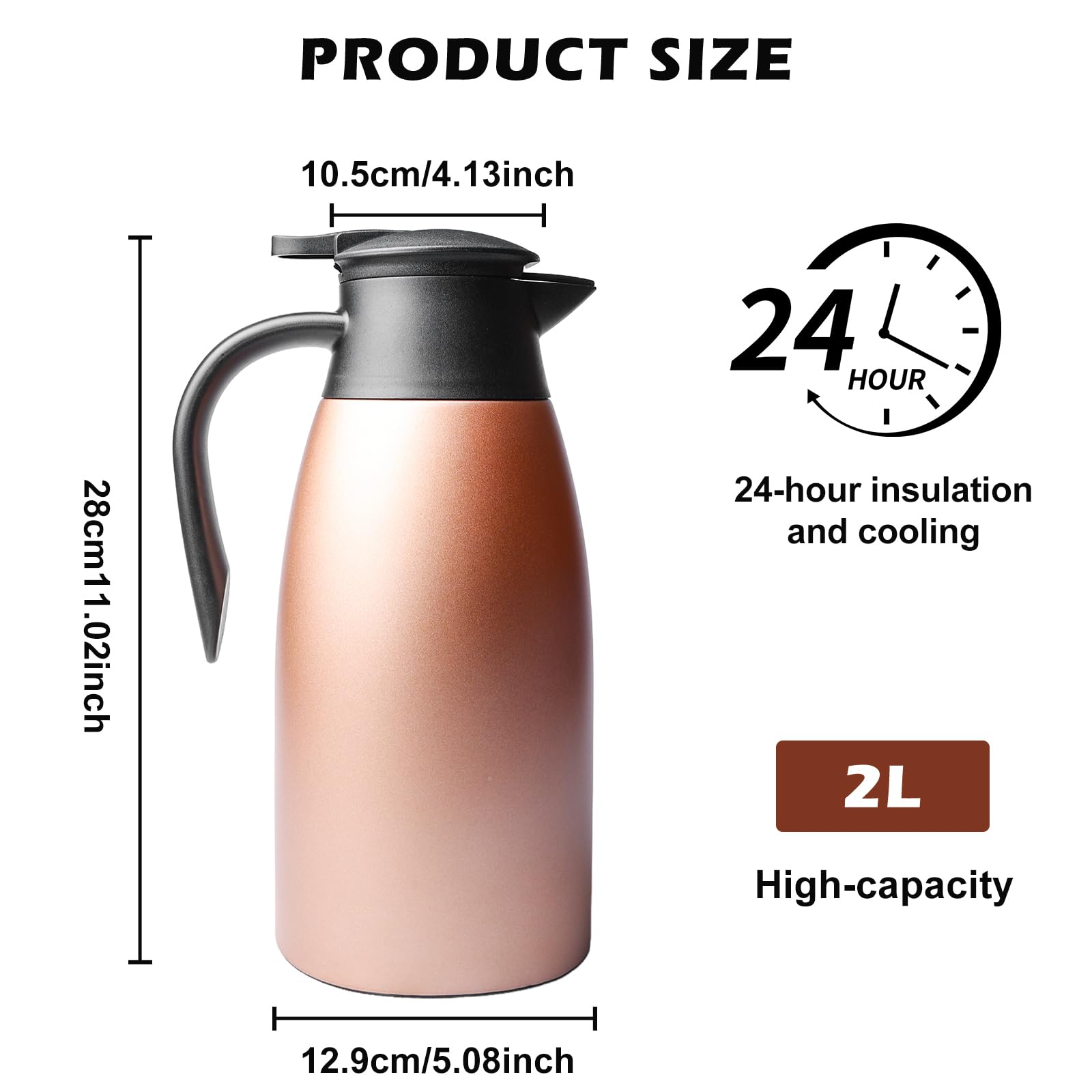Caffettiera in acciaio inox: thermos da 2 l, rosa caffettiera thermos, a doppia parete, per uso domestico, in acciaio inox, per famiglia e ufficio, caraffe per bevande calde e fredde