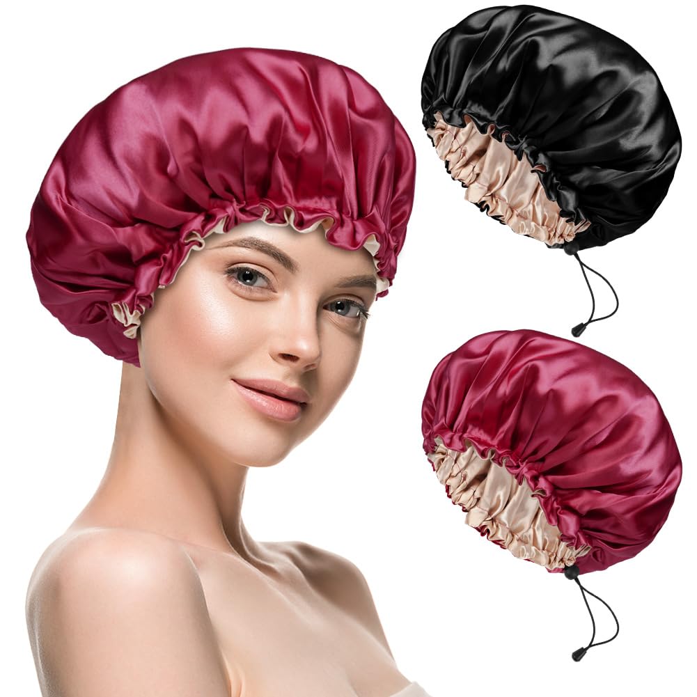 Flintronic Satin Sleep Cap, Adjustable Sleep Bonnet, Silky Bonnet Bath Cap for Women Night Sleep Hat for Long Curly Hair All Hair