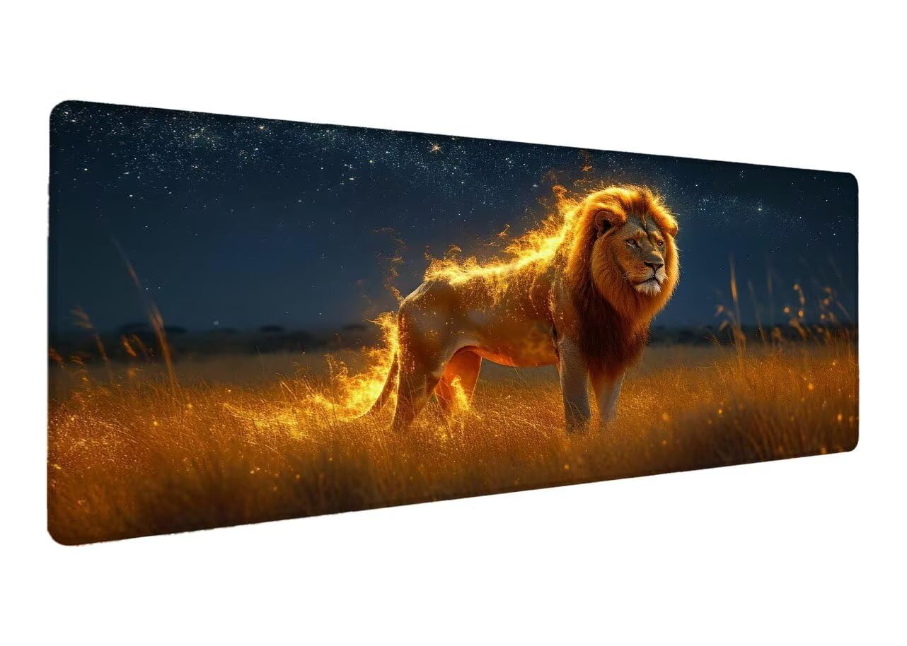 Alfombrilla Ratón, Alfombrilla Gaming León XXL 1200x600x3mm, Extendida Base de Antideslizante Caucho Mouse Pad Animal, Protector Escritorio con Bordes Cosidos, Mejora la precisión y la Velocidad D-4