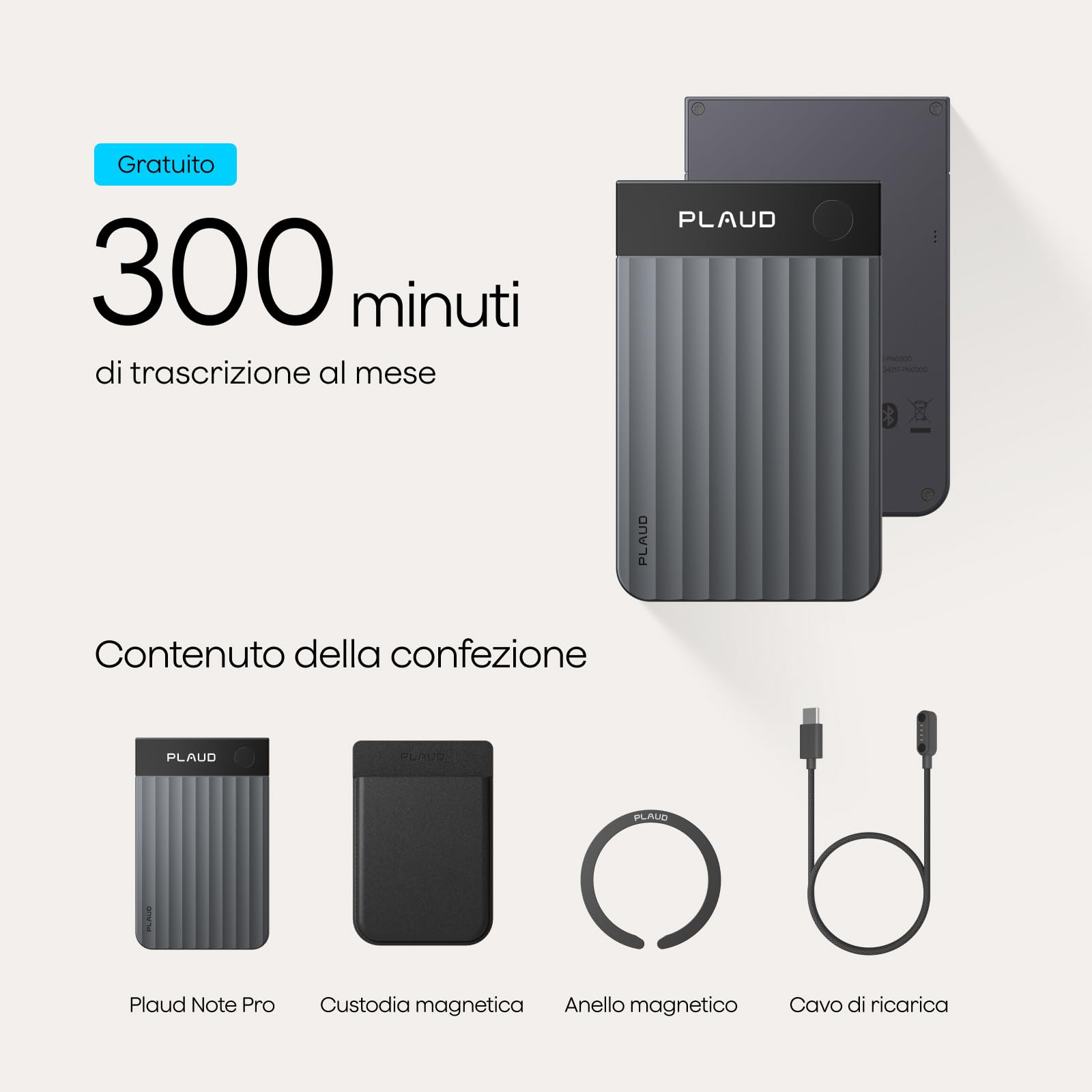 Plaud Note Pro Registratore Vocale AI 64GB Nero con Trascrizione Riassunti Chiamate Riunioni Lezioni Interviste fino a 50 ore