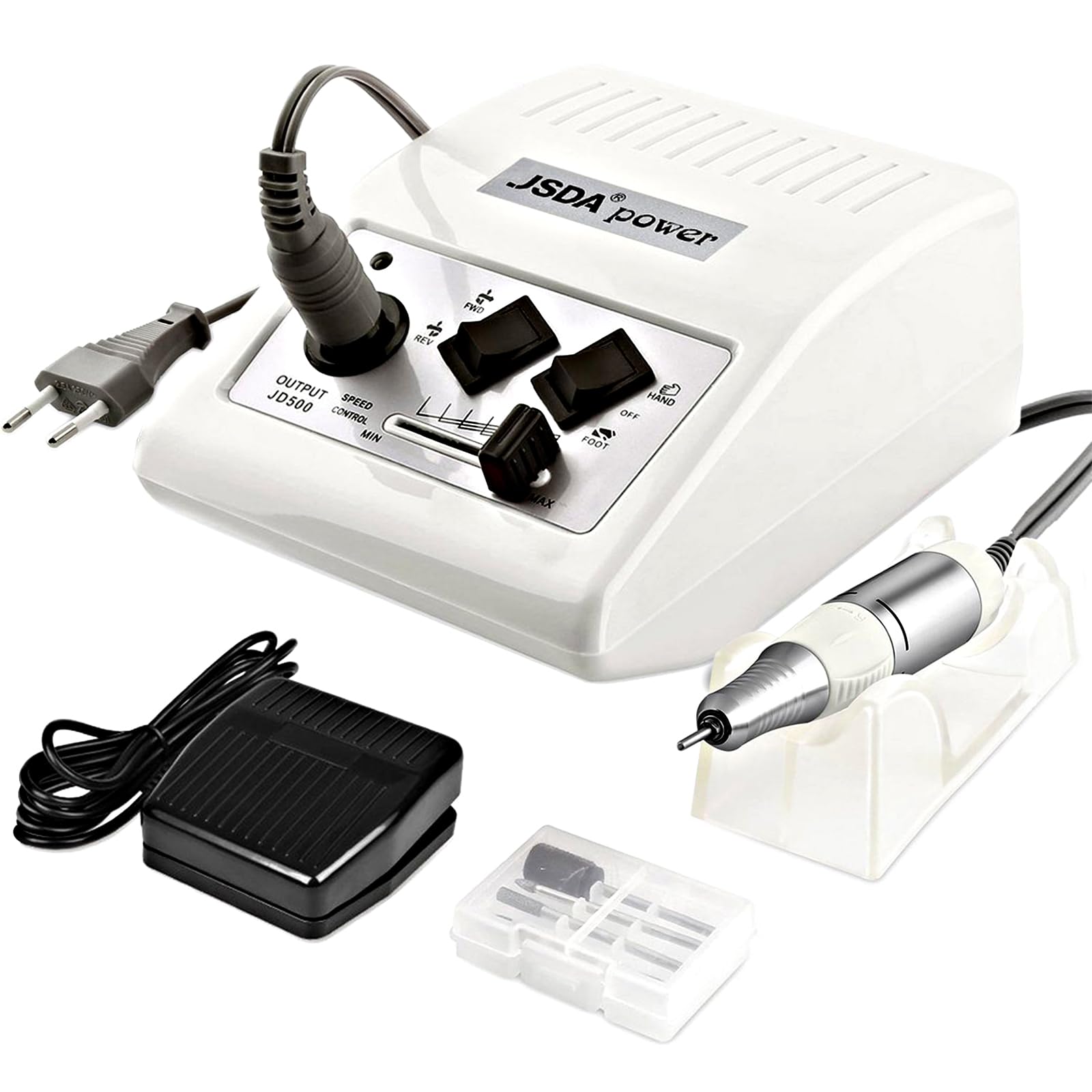 JSDA® Profi Elektrische Nagelfeile für Gelnägel, Shellac - 30000 U/Min Inkl 4 Bits & Fußpedal Maniküre Pediküre Fußpflegegerät Acrylnägel weiß