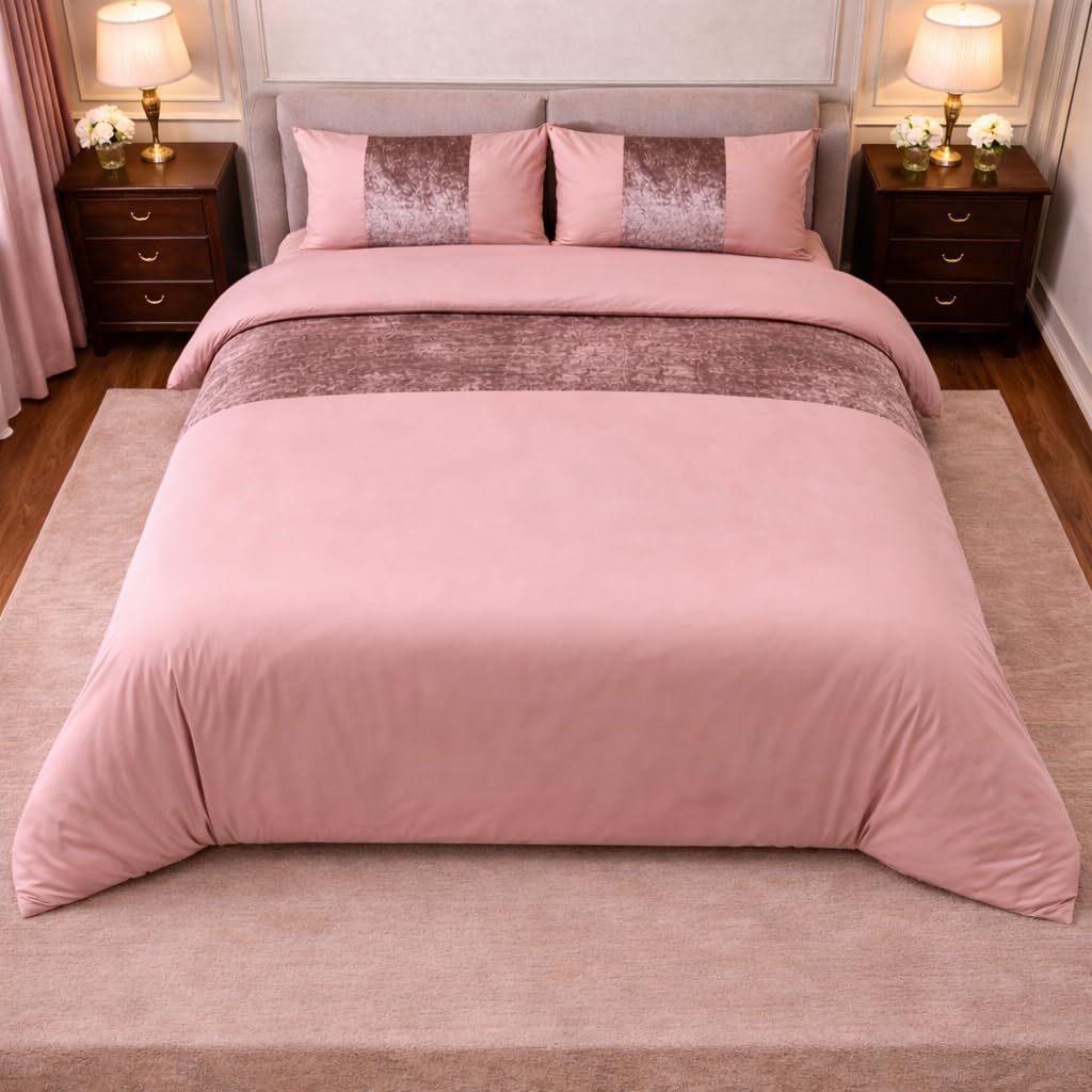BOSKI LONDON Crushed Velvet Panel Duvet Cover Set | Luxury Microfiber Bedding Set with Pillowcases | Velvet Stripe Design Single Double King Super King (BLUSH-PINK, DOUBLE (198 ร 198 cm)) โ image 1