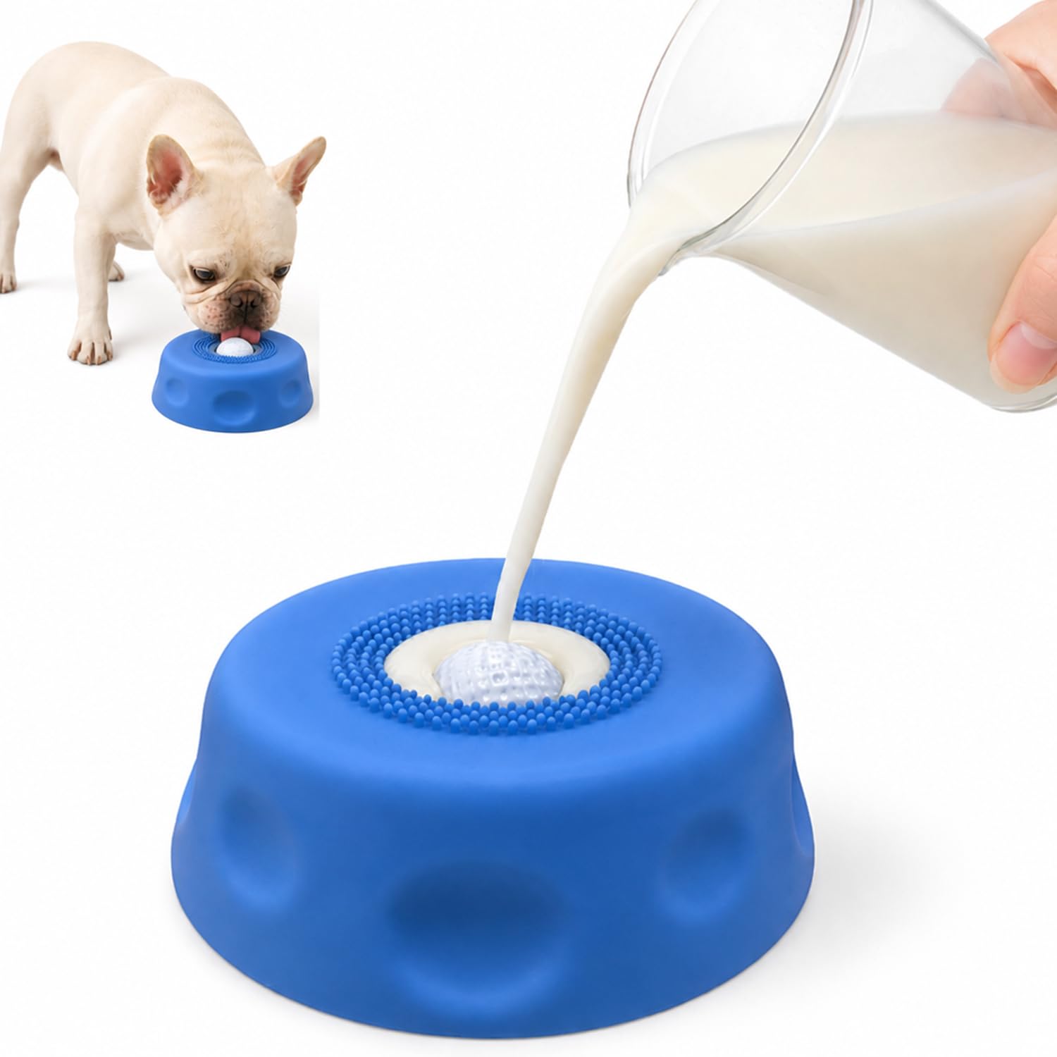 QwickTail Dog Licking Bowl with Ball,Dog Liquid Bowl with Bottom Anti Slip Suction Cup and 250ml Capacity Water Storage Bowl,Dog Lick Bowl Enrichment to Extend Eat Time and Reduce Boredom,Blue