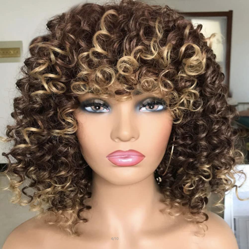 Dioche Krótkie Kręcone Peruki Afro dla Czarnych Kobiet Miękka Peruka z grzywką Bez Wydzielania Ciepła Włosy Syntetyczne Cosplay Party Codzienne Noszenie (WINE RED)