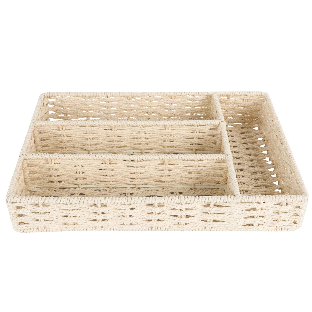 Angoily Beige Woven Wicker Storage Baskets With Compartments, Divided Storage Organizer Box, Countertop Organizer Shelves Bins For Shelf, Desktop, Drawer