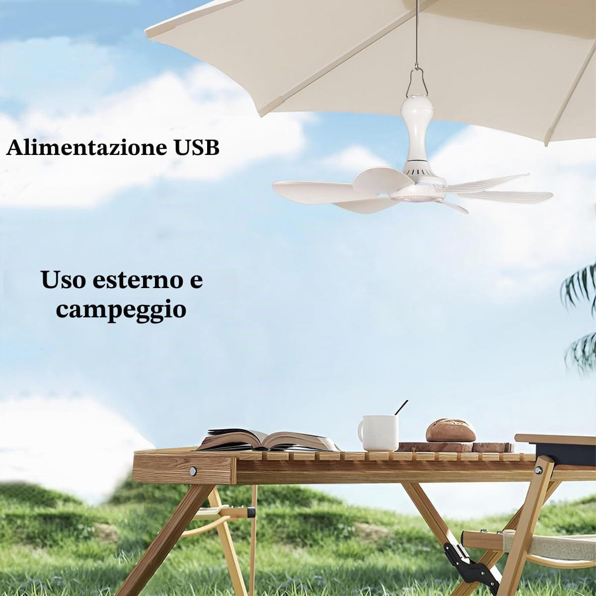 Mini ventilatore da soffitto mobile, 4 livelli, funzionamento USB, diametro 42 cm, 5 W (telecomando)