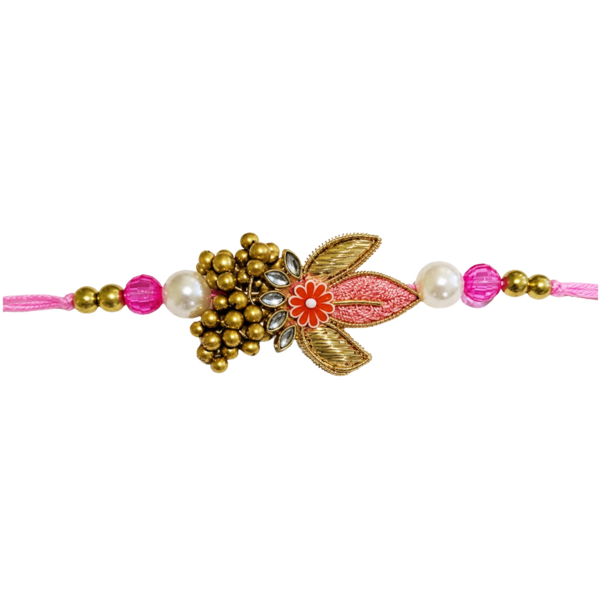 Premium Royal Leaf Floral Designer Rakhi for Brother/Bhai/Bhaiya | Handmade Pink Thread with Leaf Motif, Crystal Stone, Pearl & Decorative Beads for Men | Traditional Raksha Bandhan Bracelet | Pack of 1-image-30