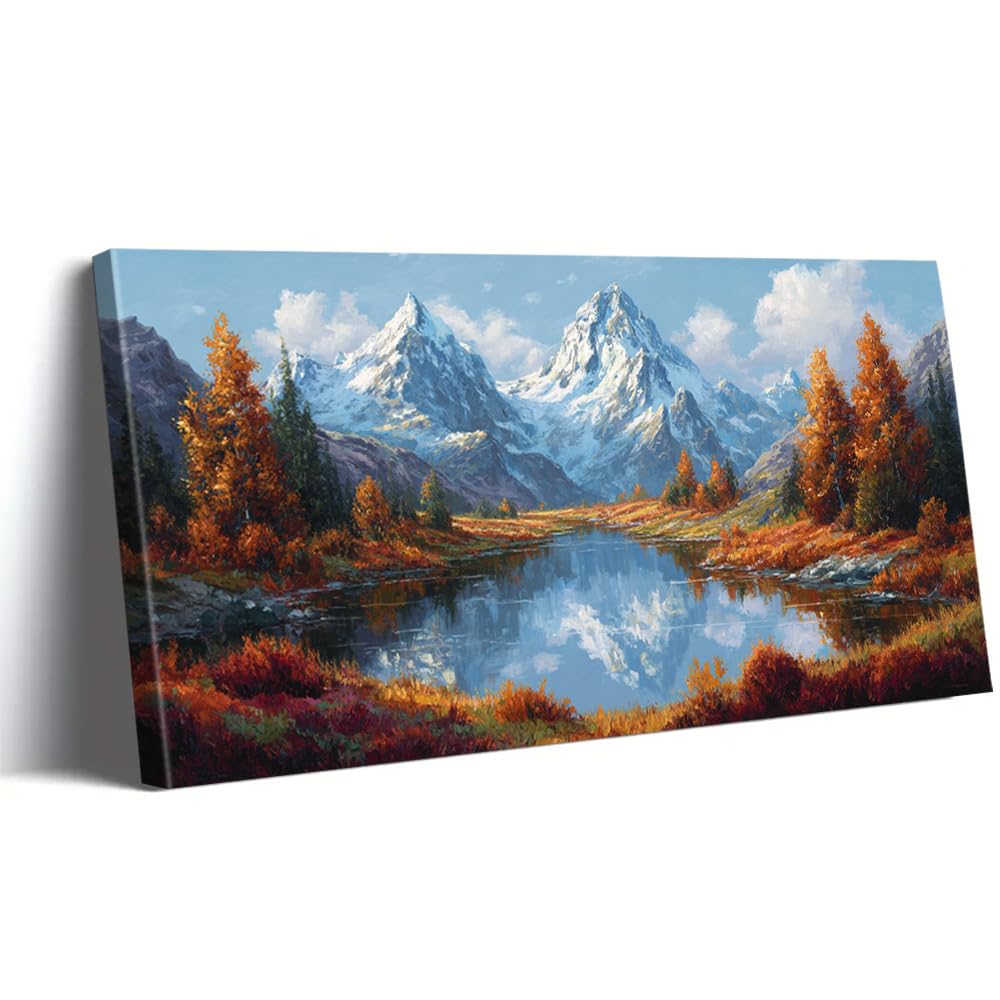AEFOUU Canvas Wall Art Print Autumn Winter Mountain Landscape Wall Art Lake Canvas Painting for Living Room Home Decor Picture(50x100cm/20x40in/Frameless)