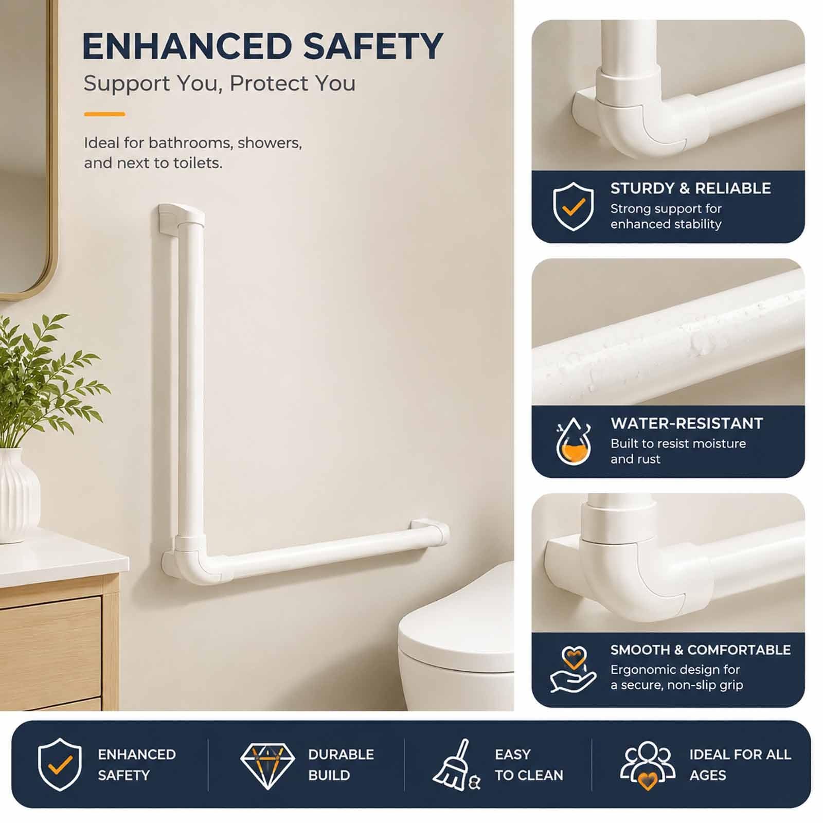 Barras De Apoyo para Baño, Asa De Ducha Antideslizante De Alta Resistencia, con Forma De L, De Montaje En Pared, para Esquinas De Baño, Uso Interior.(64cm)