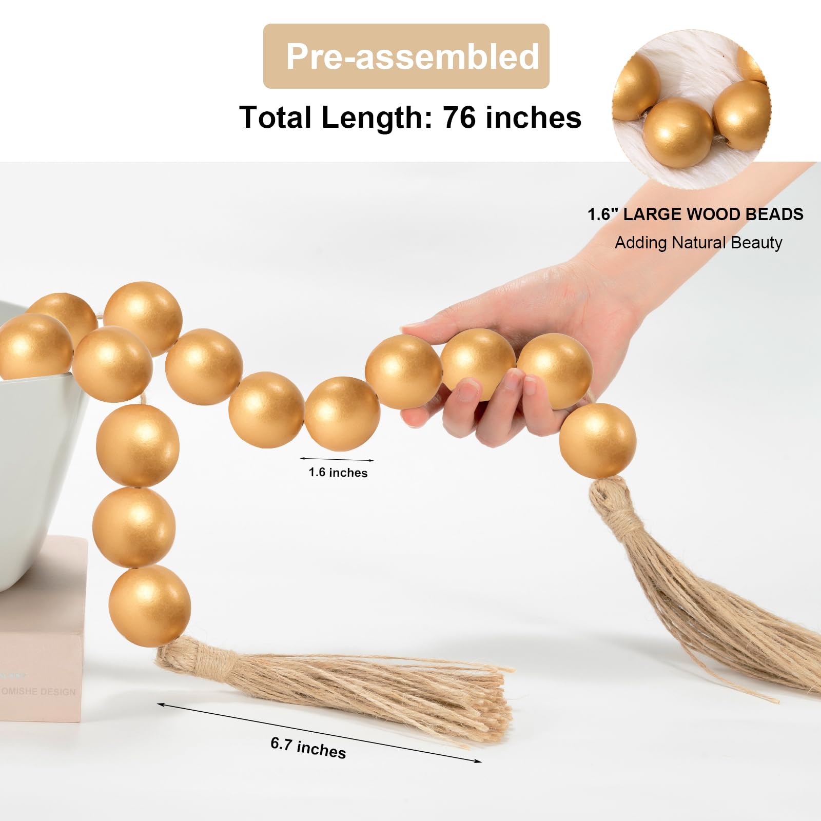 OMISHE Guirnalda de cuentas de madera grande de 76 pulgadas de largo con cuentas y borlas de madera de 1.6 pulgadas de diámetro, guirnalda de cuentas de madera rústica para decoración de bandeja
