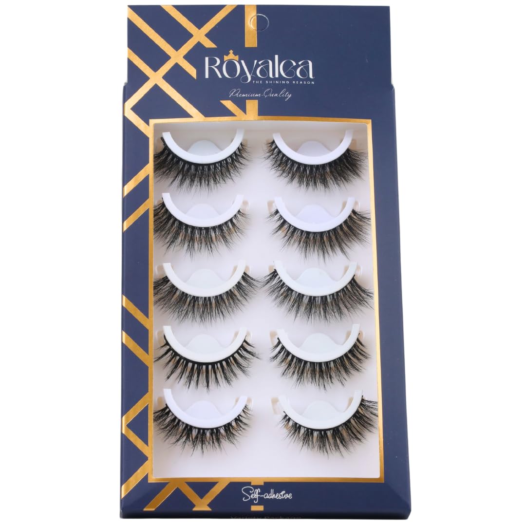 Self Adhesive Eyelashes, Natural Look Lashes - Handmade Hemp Fiber, Easy to Use Wispy Lashes (Pestañas) for Beginners - Cat Eye Lash Strips, Fake Eyelashes by Royalea (5-Pairs Variety Pack)