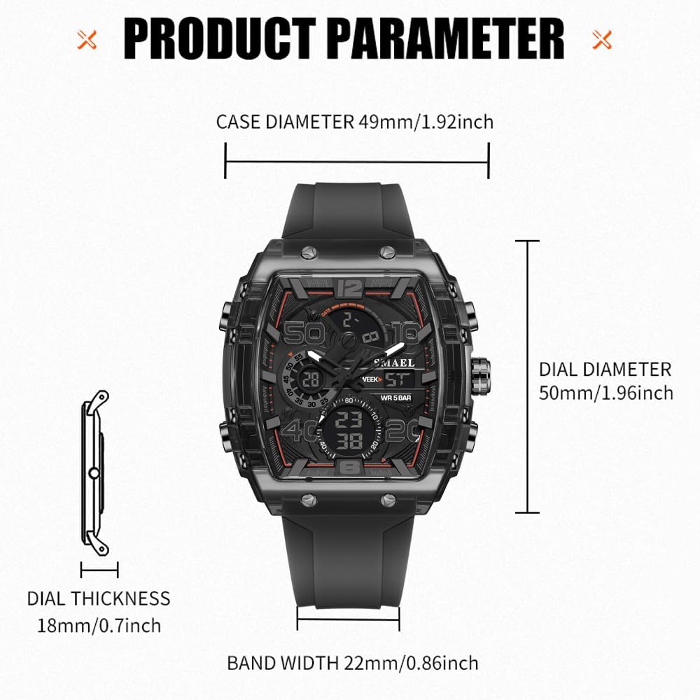 SMAEL Men's Display Watches Sports Outdoor Waterproof Luminous Multi Function Watch Date Face Alarm Stopwatch for Men - Image 8