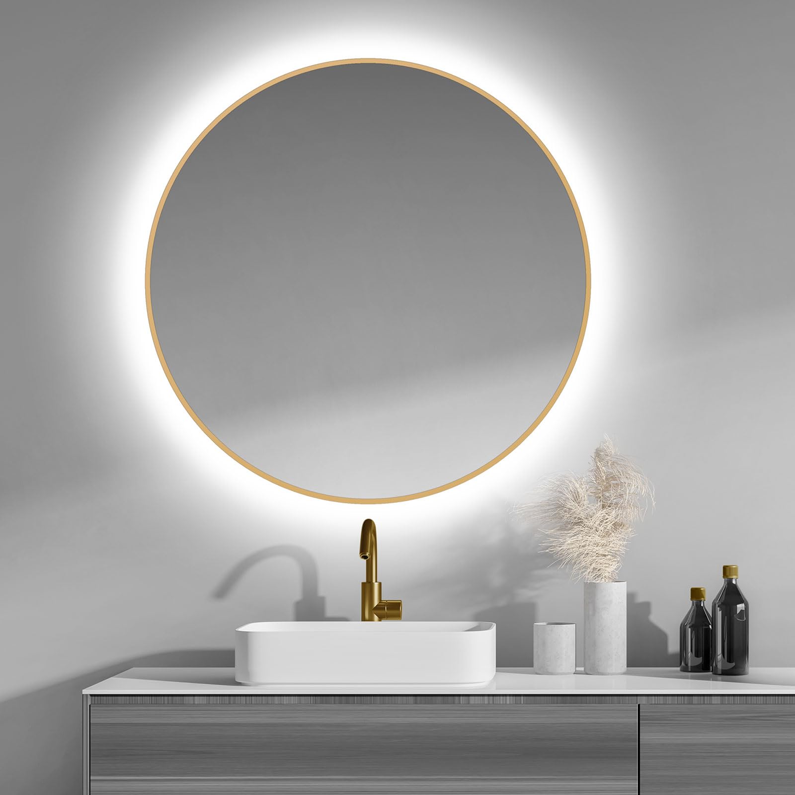 Aplike - Espejo de Baño Redondo 60 cm con Luz LED, Espejo Dorado con Luz Blanca Fría (5700K), IP44 - Espejo Sidney (Dorado)