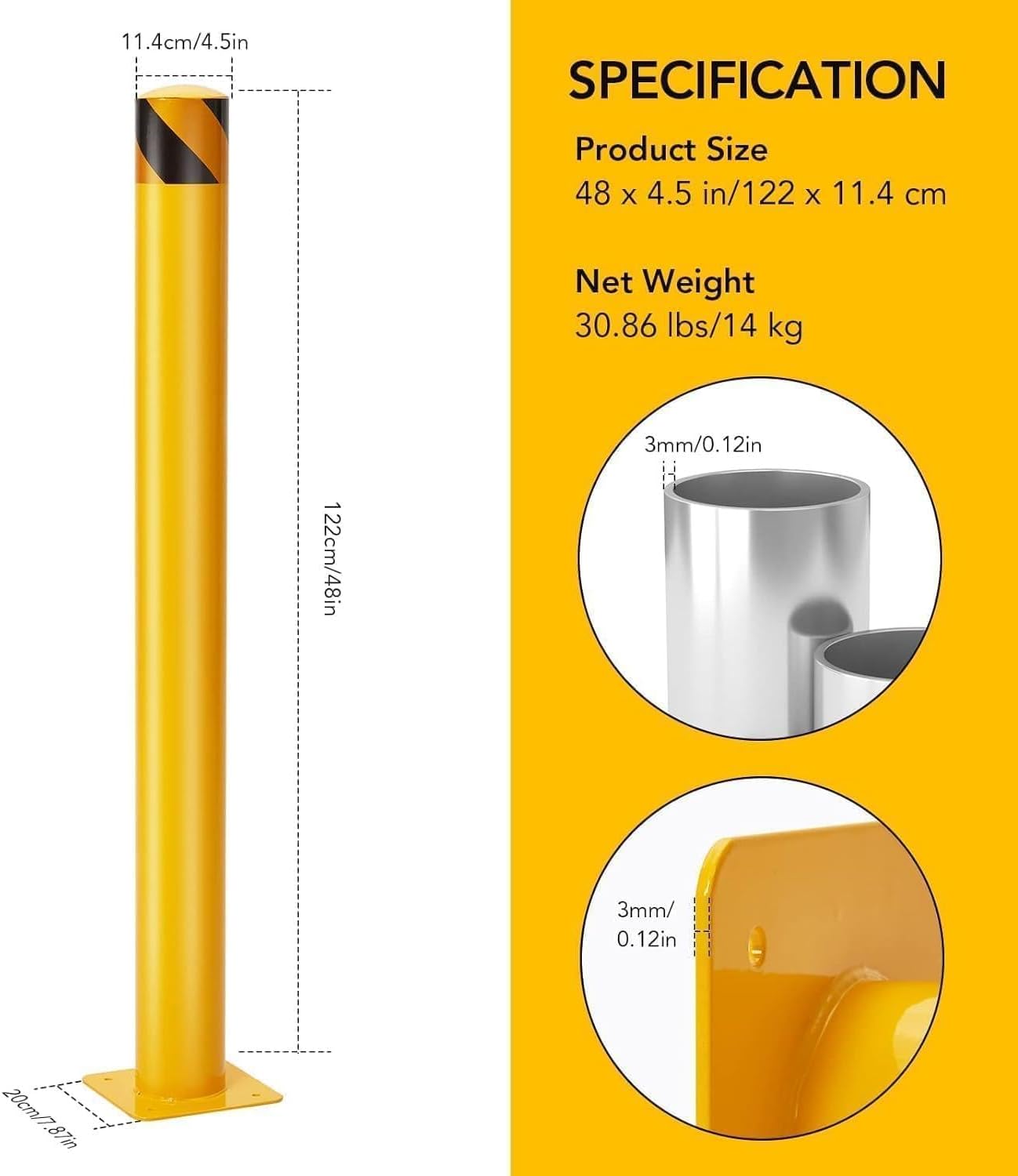 4-Pack 48 Inch Steel Safety Bollards, 4.5 Inch Diameter Parking Bollard Post with 16 Anchor Bolts, Yellow Safety Steel Bollard Post for Driveway Barrier, Traffic Control & Storefront Protection