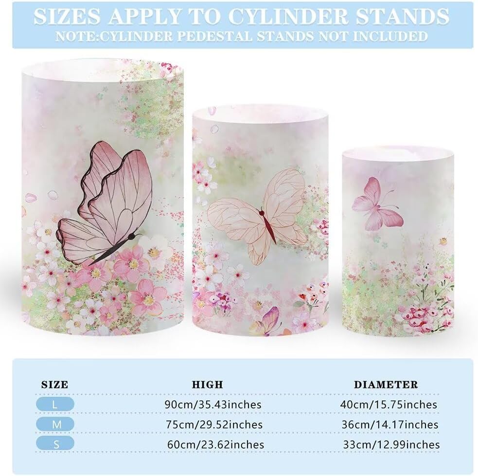 Set of 3 Cylinder Pedestal Covers for Flowers Butterfly Birthday Party Plinth Stand Spandex Tablecloth Covers Girls Baby Shower Pink Florals Easter Parties Decorations